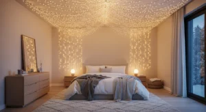 “cozy bedroom decorated with DIY Christmas lights, warm fairy lights on headboard and window, aesthetic holiday bedroom decor ideas for Christmas 2026”