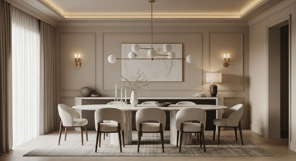 Luxury modern dining room with marble table and elegant neutral decor.