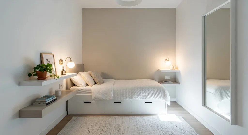 Modern small bedroom with smart layout and space-saving design.