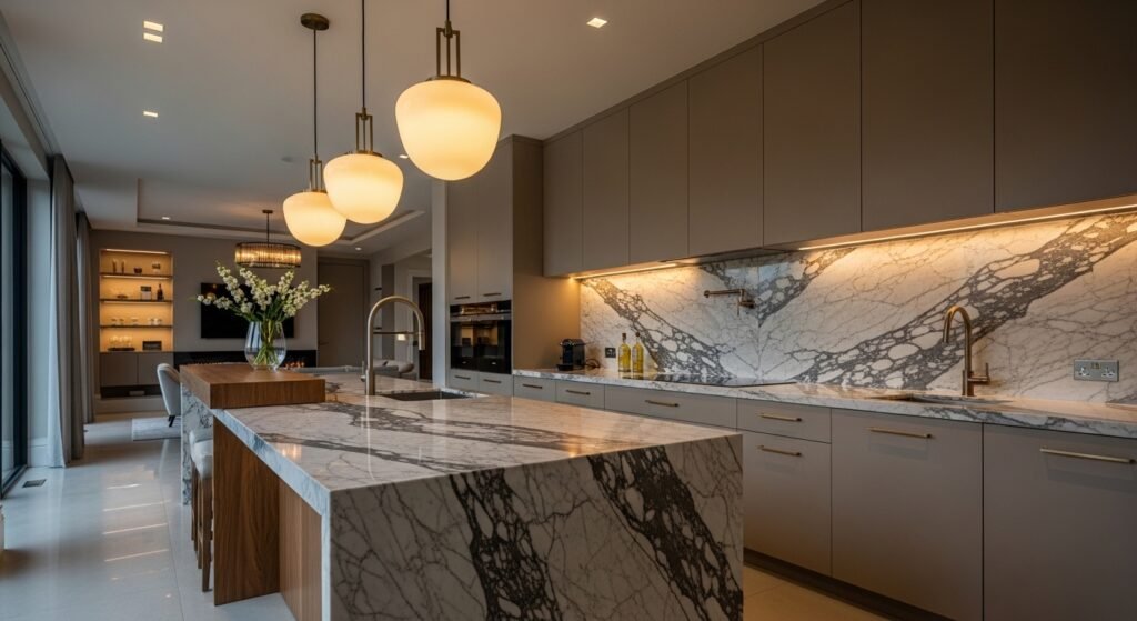 Ultra luxury modern kitchen with marble island and elegant finishes.