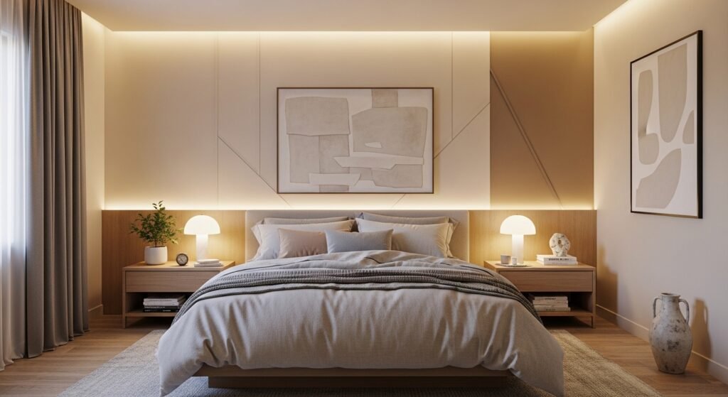 bedroom design with warm neutral walls and modern decor.