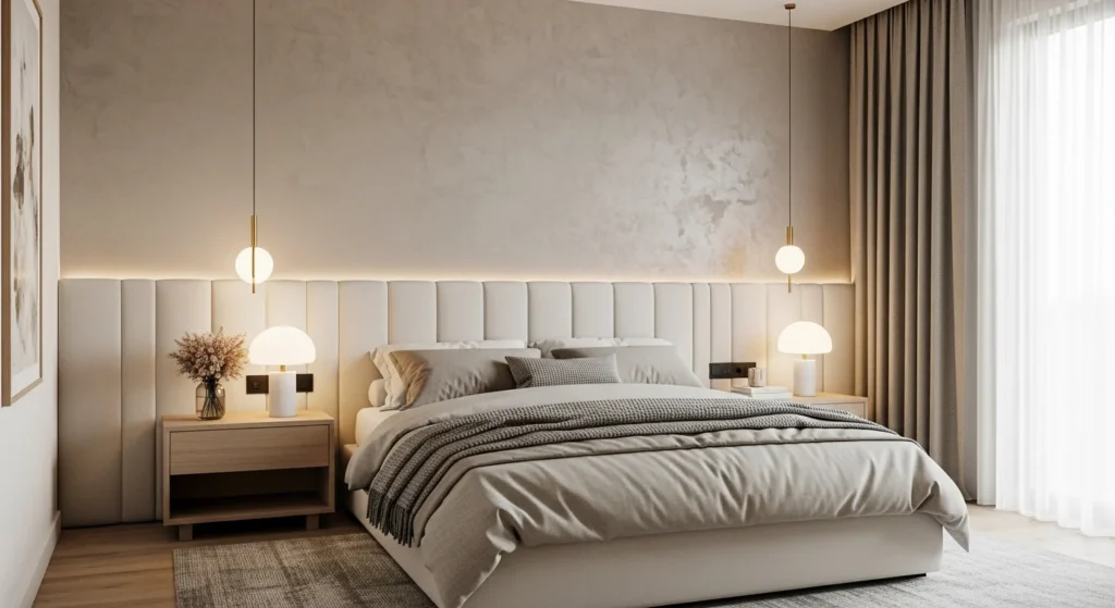 Cozy modern guest bedroom with layered neutral bedding and warm lighting.