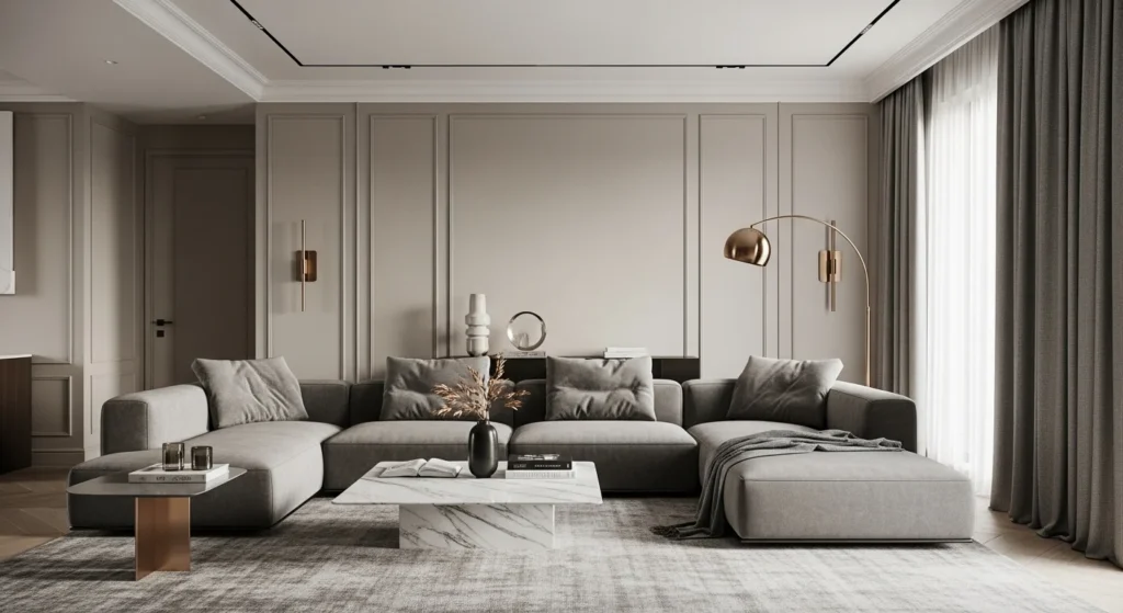 Luxury gray living room with modern design and marble accents.