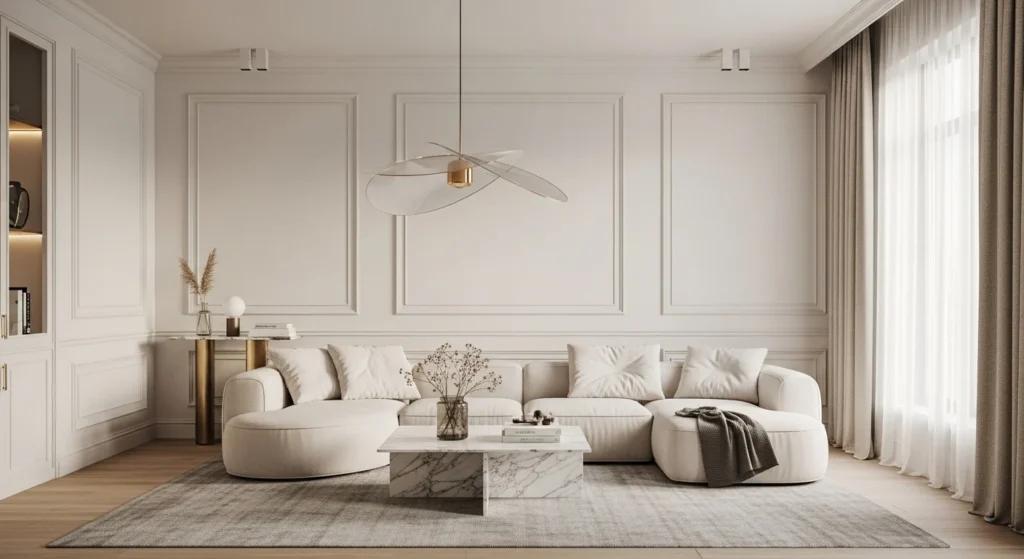 Luxury white living room with modern minimalist design and marble accents.