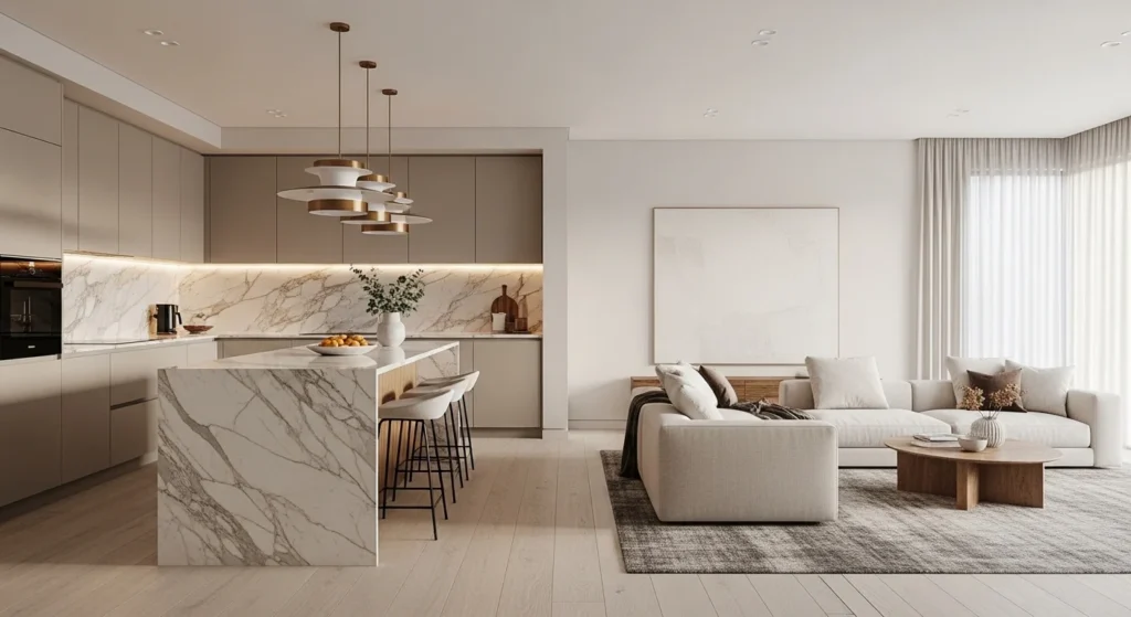 Modern open kitchen living room with marble island and neutral decor.