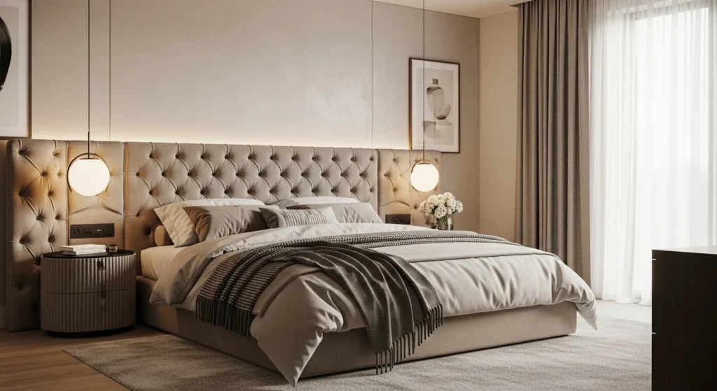 Luxury cozy bedroom with neutral decor, layered bedding and warm lighting.