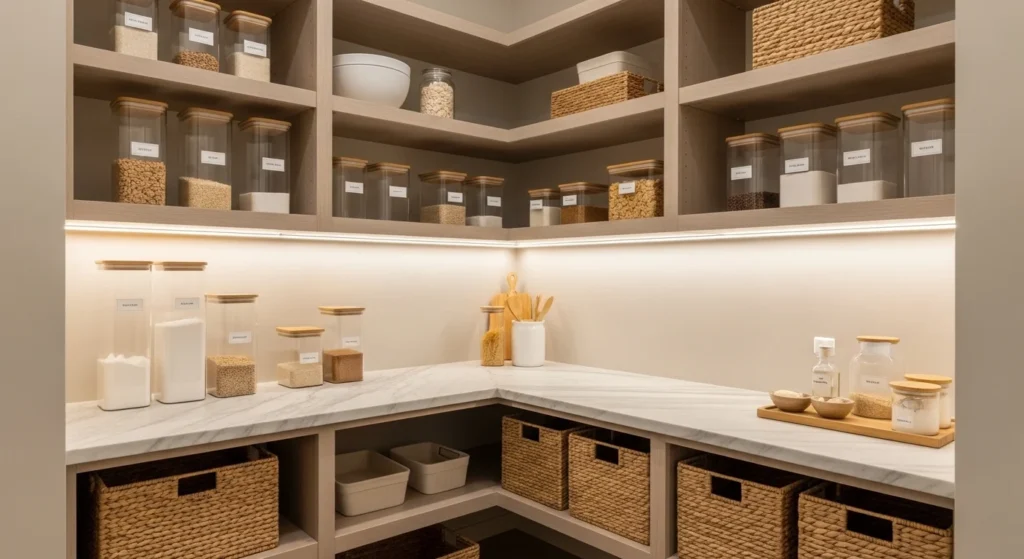 Modern pantry organization with glass containers and smart shelf storage.