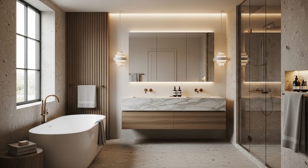 Luxury modern bathroom with spa-inspired design and freestanding tub.