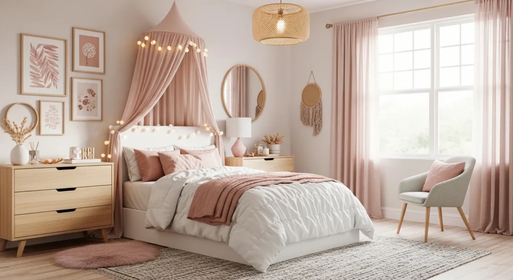 Aesthetic girls bedroom with pastel decor and cozy modern design.