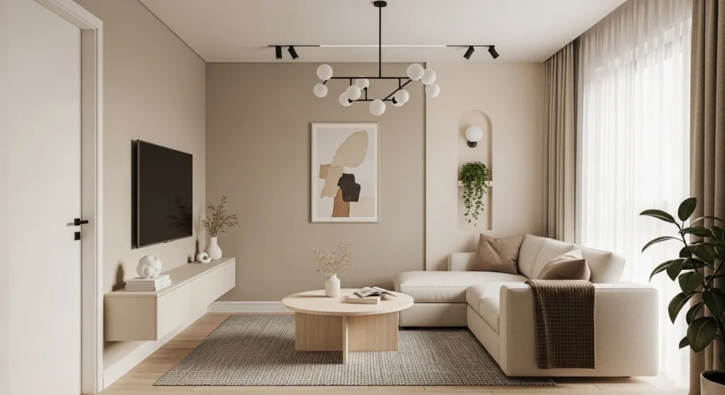 Compact minimalist living room with neutral decor and modern layout.