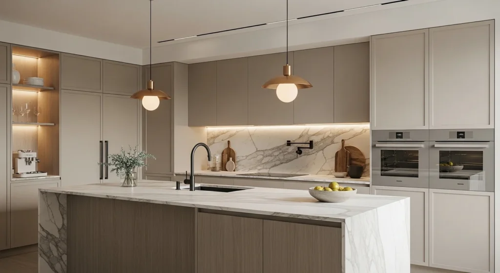 Luxury modern kitchen remodel with marble island and neutral cabinetry.