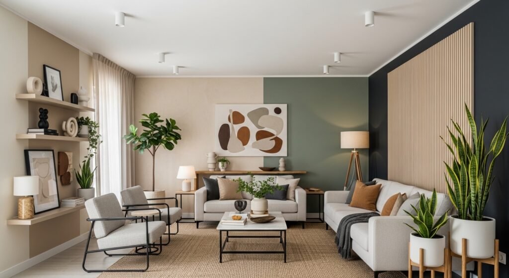 Modern living room with stylish painted walls and neutral decor.