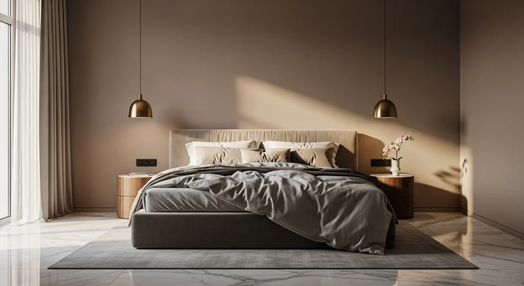 Luxury minimalist bedroom with warm neutral decor and modern aesthetic styling.