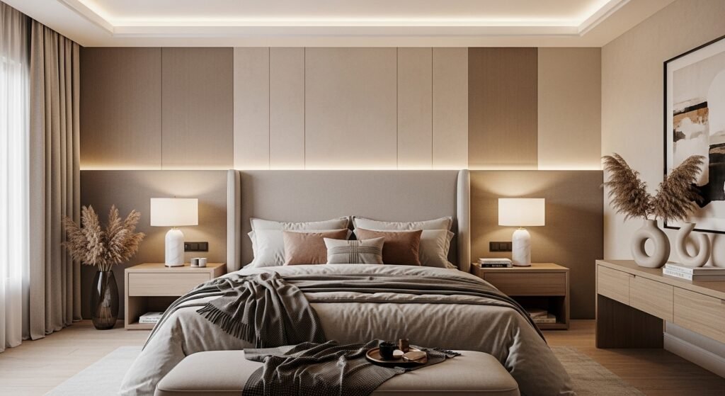 Modern master bedroom with luxury decor and warm neutral styling.