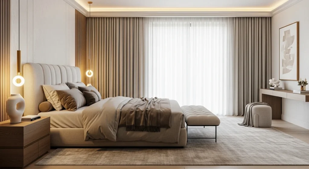 Luxury neutral bedroom decor with beige tones and modern styling.