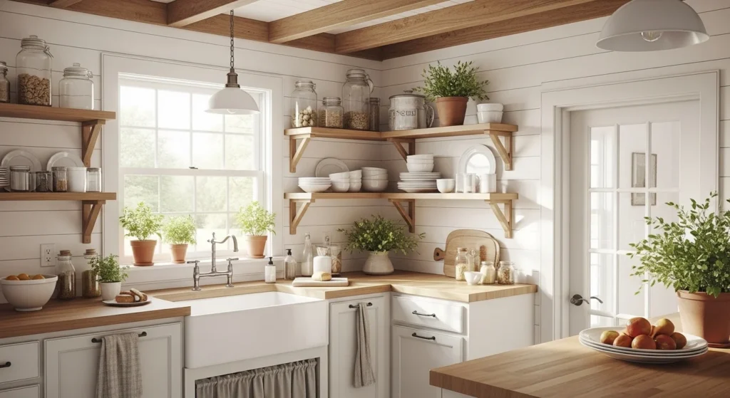 Vintage farmhouse kitchen with white shiplap walls, rustic wooden beams, farmhouse sink, and open shelves styled with mason jars and greenery