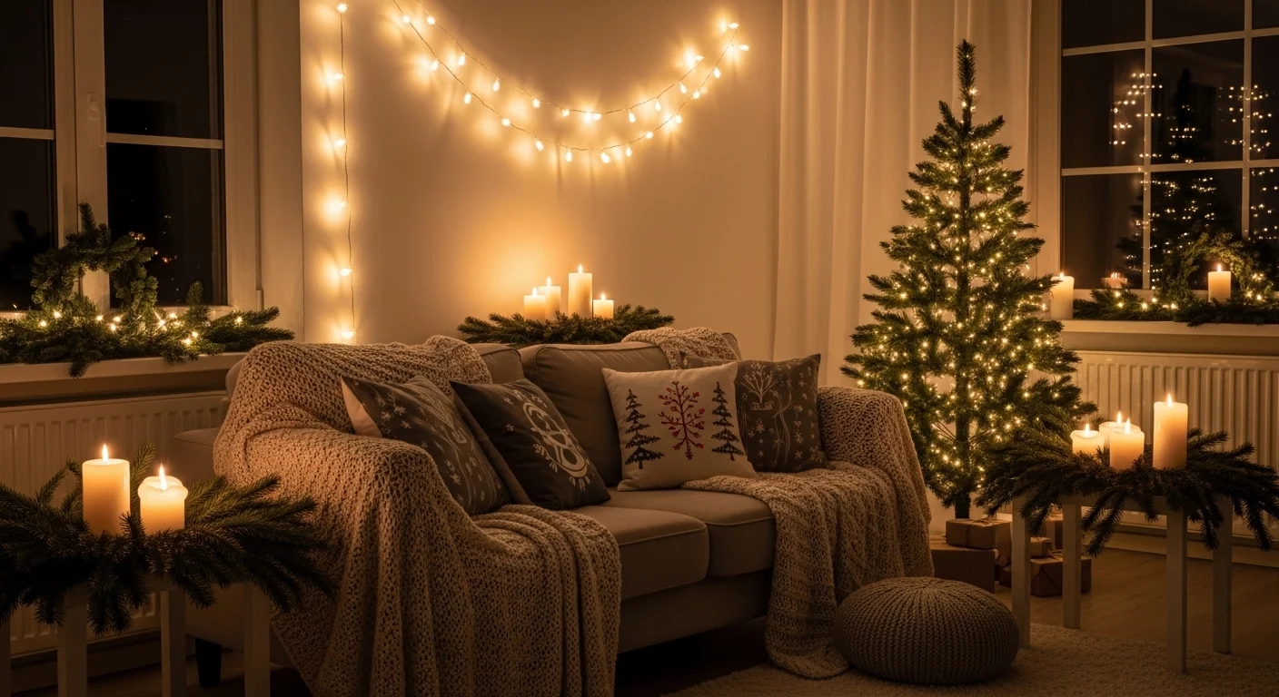“cozy aesthetic Christmas living room with fairy lights, decorated tree, and warm holiday decor.”