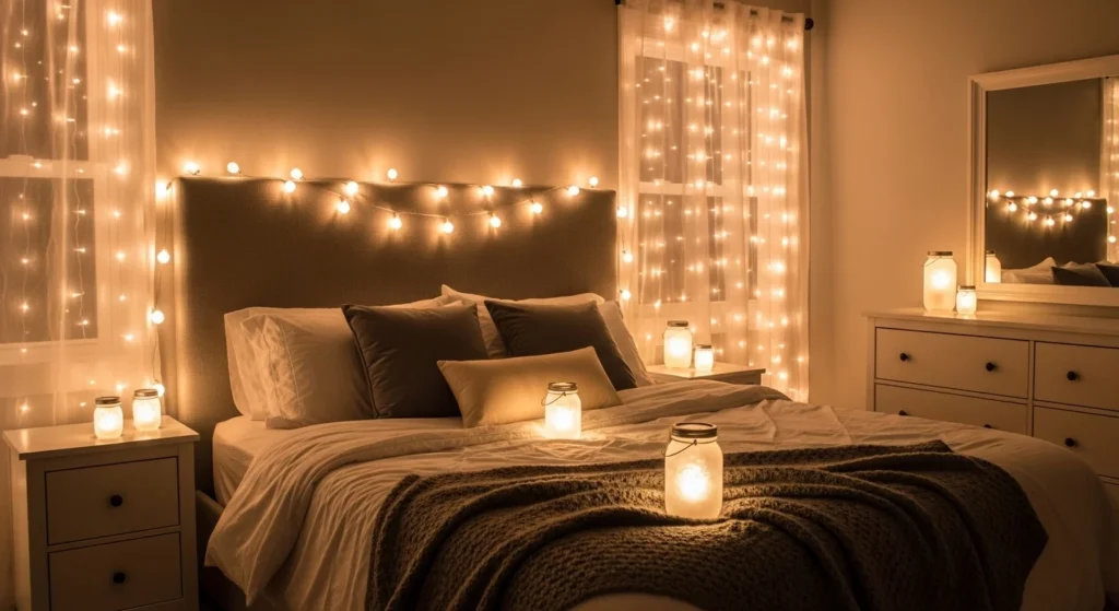 “cozy bedroom decorated with DIY Christmas lights, warm fairy lights on headboard and window, aesthetic holiday bedroom decor ideas for Christmas 2026”