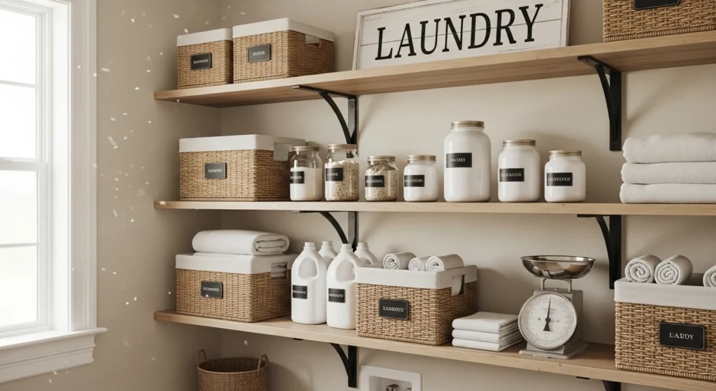 “Farmhouse laundry room with walk-in pantry, white cabinets, wooden shelves, wicker baskets, and organized storage design ”