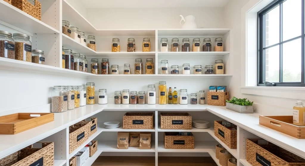 “Modern kitchen pantry with organized food storage jars, labeled containers, wooden shelves and baskets for pantry organization ideas.”