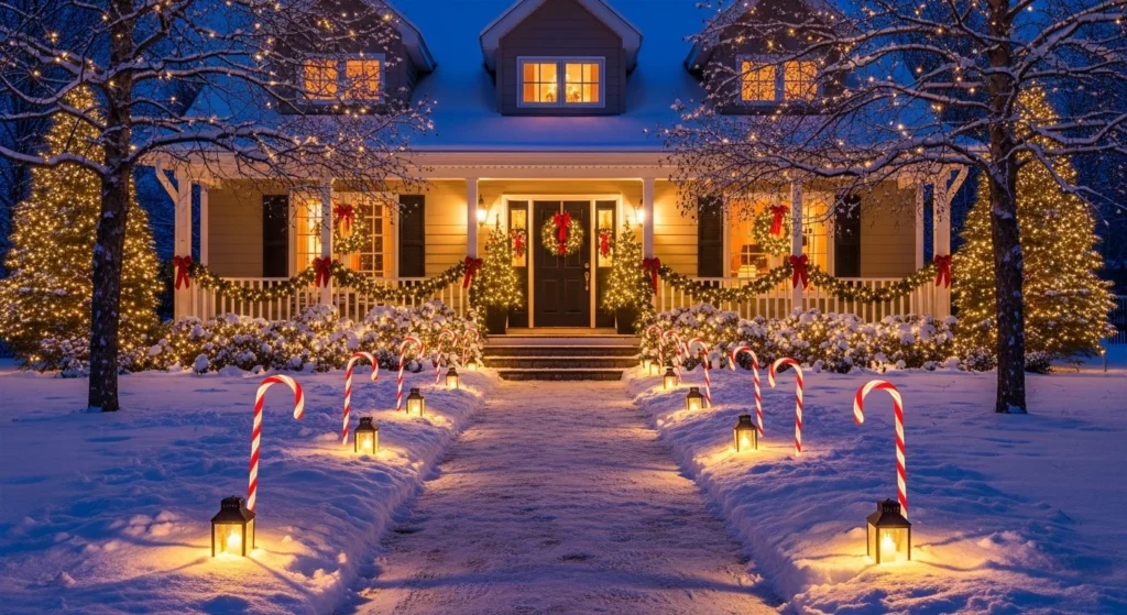 “beautiful outdoor Christmas pathway lights guiding a snowy walkway to a festive house entrance.”