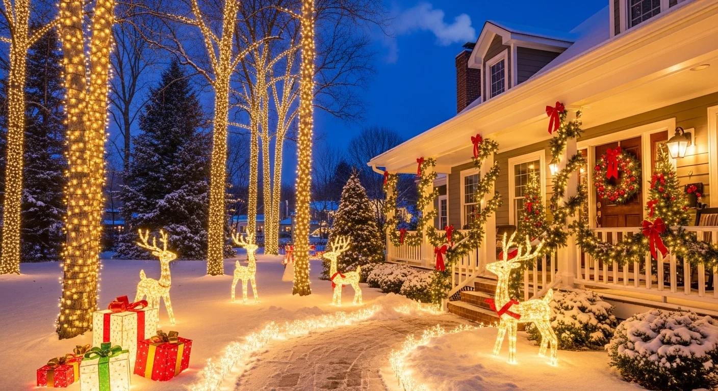 **“outdoor Christmas yard decorated with glowing lights, reindeer figures, pathway lights, and