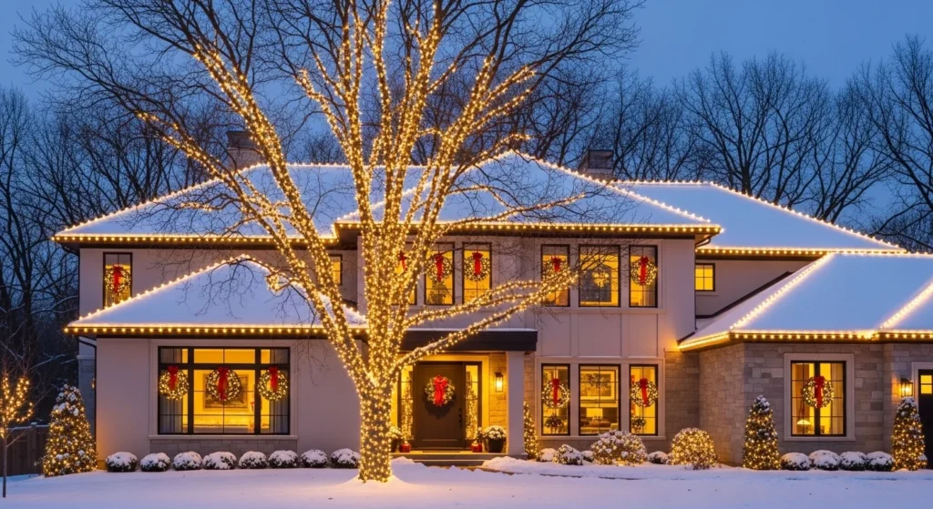 “Modern house exterior decorated with warm white Christmas lights, roofline lighting, glowing windows, and festive outdoor holiday decorations.”