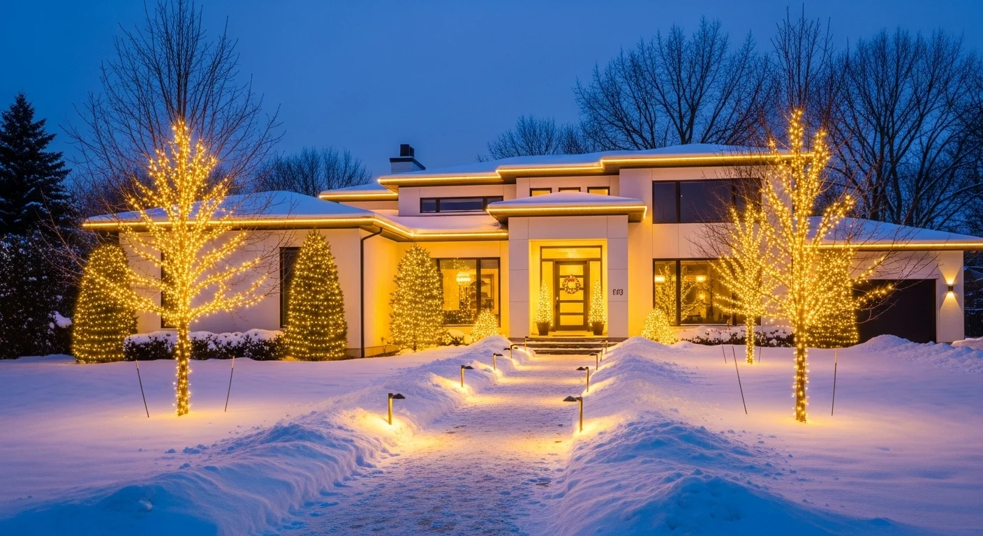 “House exterior decorated with outdoor Christmas lights, glowing roofline lights, illuminated trees, and festive pathway lighting for holiday decor.”