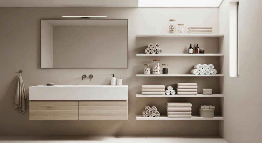 Modern bathroom with smart storage ideas, floating vanity, open shelves, and minimalist neutral decor for a clean and organized space