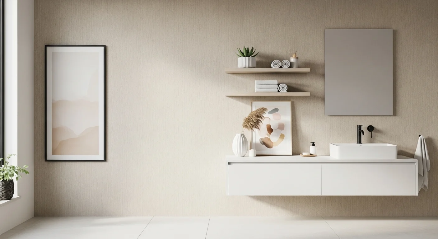 Modern bathroom wall decor ideas with floating shelves, framed art, and neutral minimalist design for a stylish space