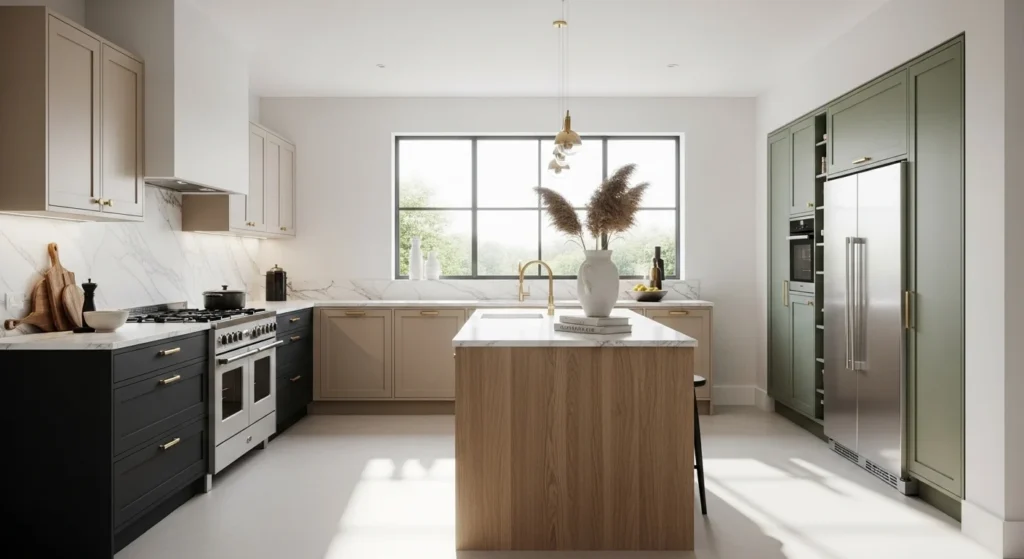 Modern kitchen cabinet ideas featuring matte black, beige, wood, and green cabinets with marble countertops and stylish modern wall design