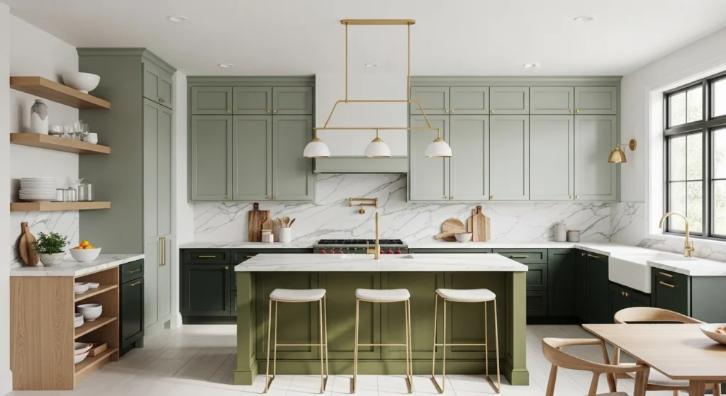 Modern green kitchen with sage, forest, and olive cabinets, marble countertops, and stylish modern interior design