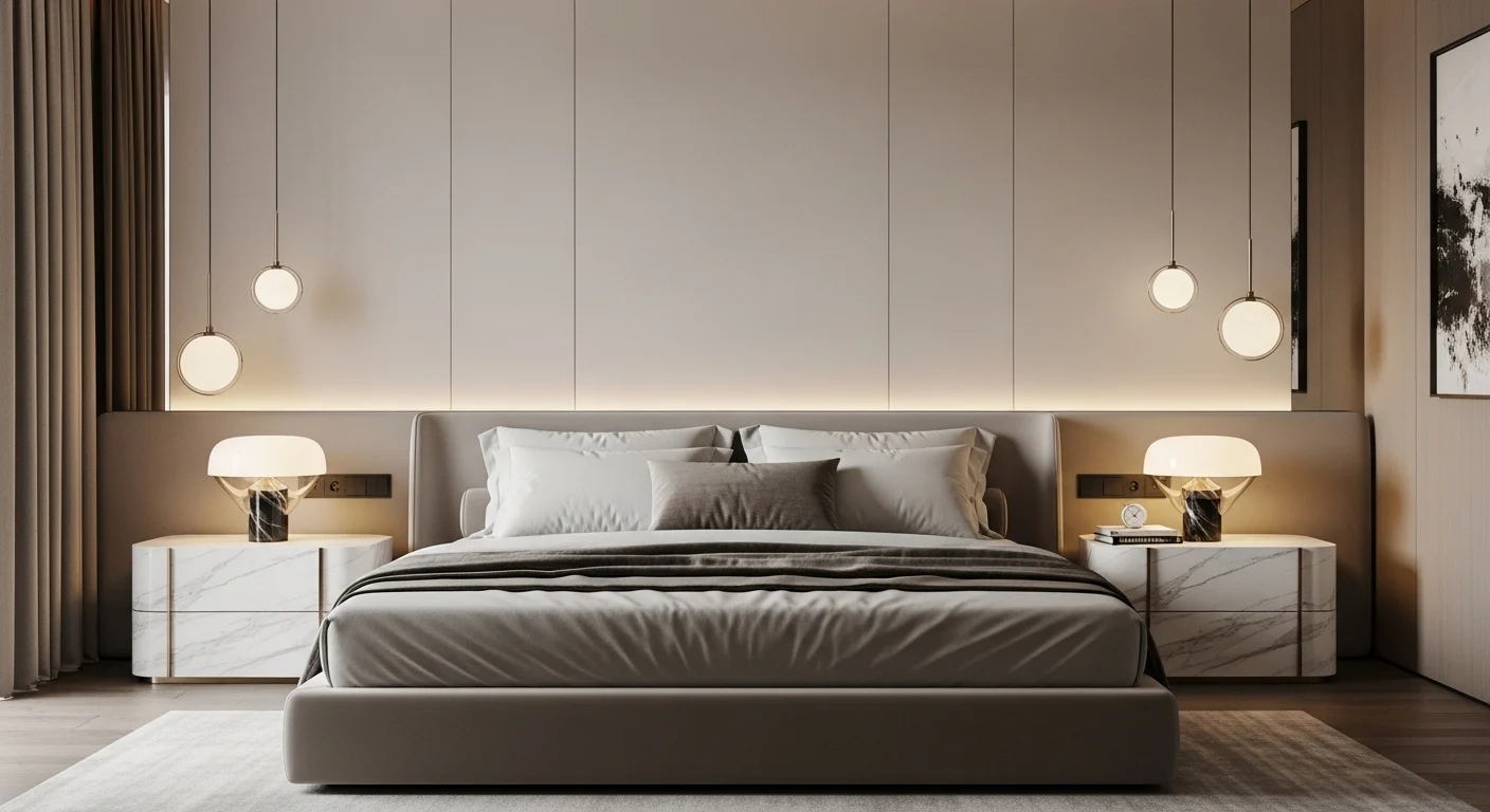 Luxury modern bedroom with stylish lamp ideas, marble bedside table, neutral tones, and warm ambient lighting