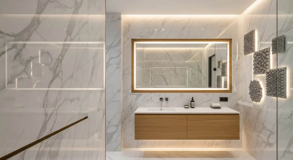 Modern bathroom wall decor ideas with luxury design, marble walls, warm lighting, and stylish interior setup