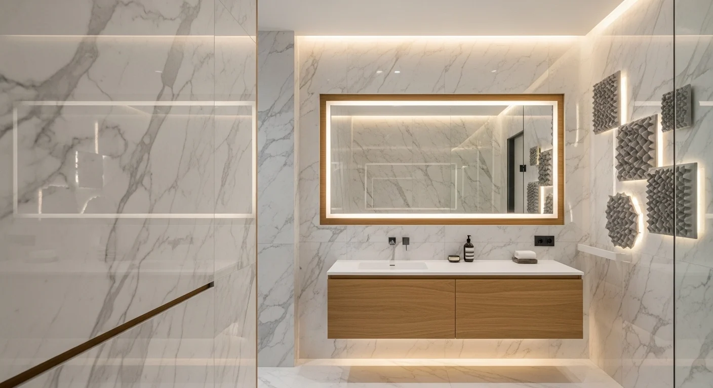 Modern bathroom wall decor ideas with luxury design, marble walls, warm lighting, and stylish interior setup