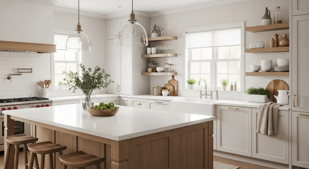 Modern country style kitchen with white cabinets, warm wood accents, farmhouse sink, and cozy neutral decor in a bright and inviting layout