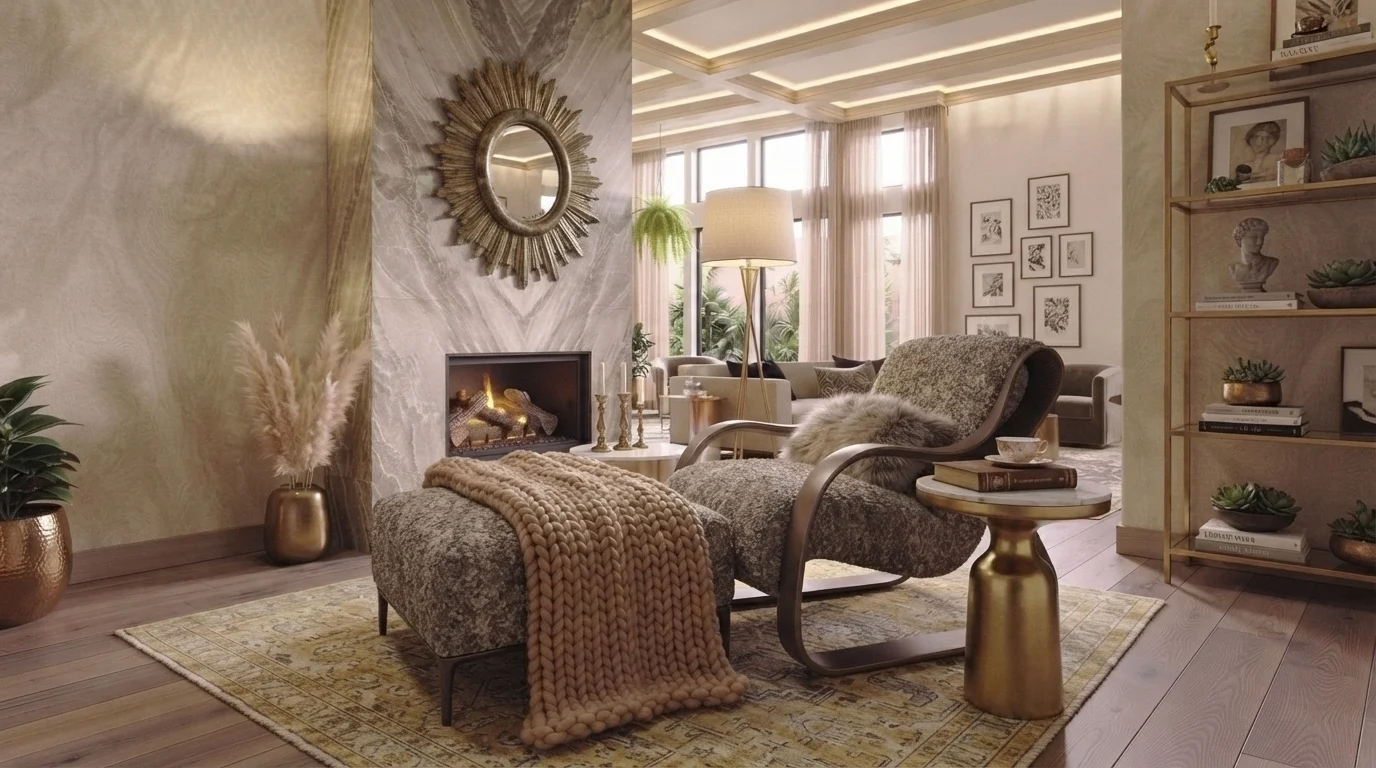 Curved accent chair in a modern living room with neutral decor and stylish seating design