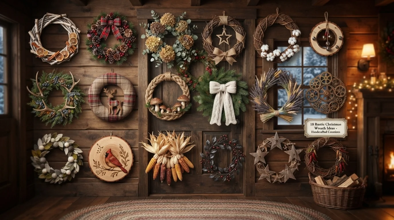 Rustic Christmas wreath ideas for front door decor with pinecones, evergreen branches, berries, and a cozy farmhouse entrance.