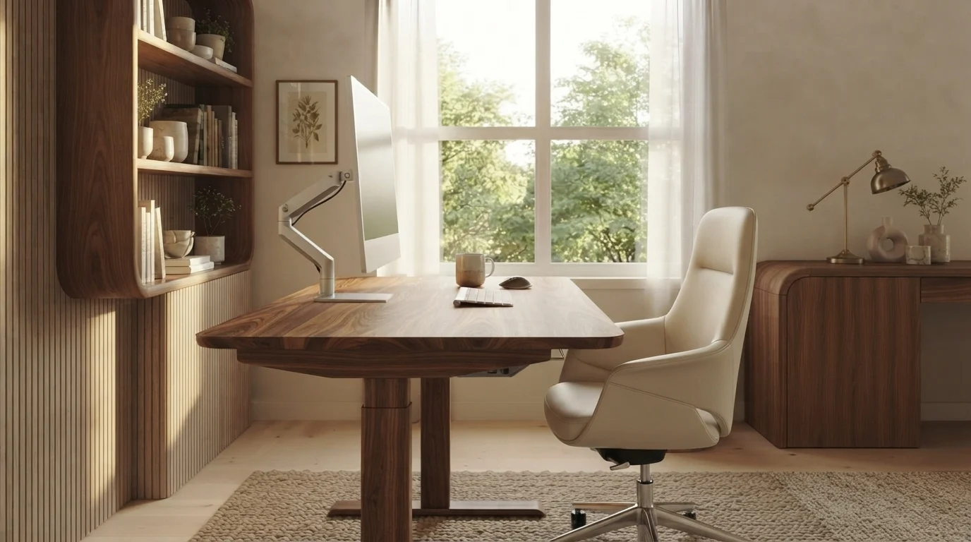 Modern wooden computer desk in a stylish home office with natural wood furniture and neutral decor