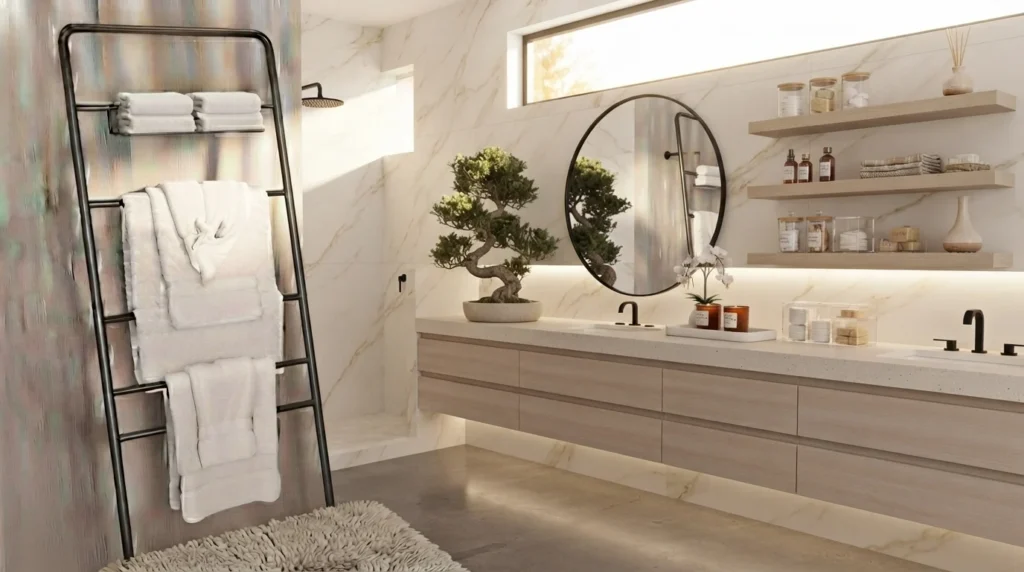 Modern bathroom organizer ideas with smart storage solutions including floating shelves, storage baskets, vanity drawers, towels, and minimalist decor for 2026 homes