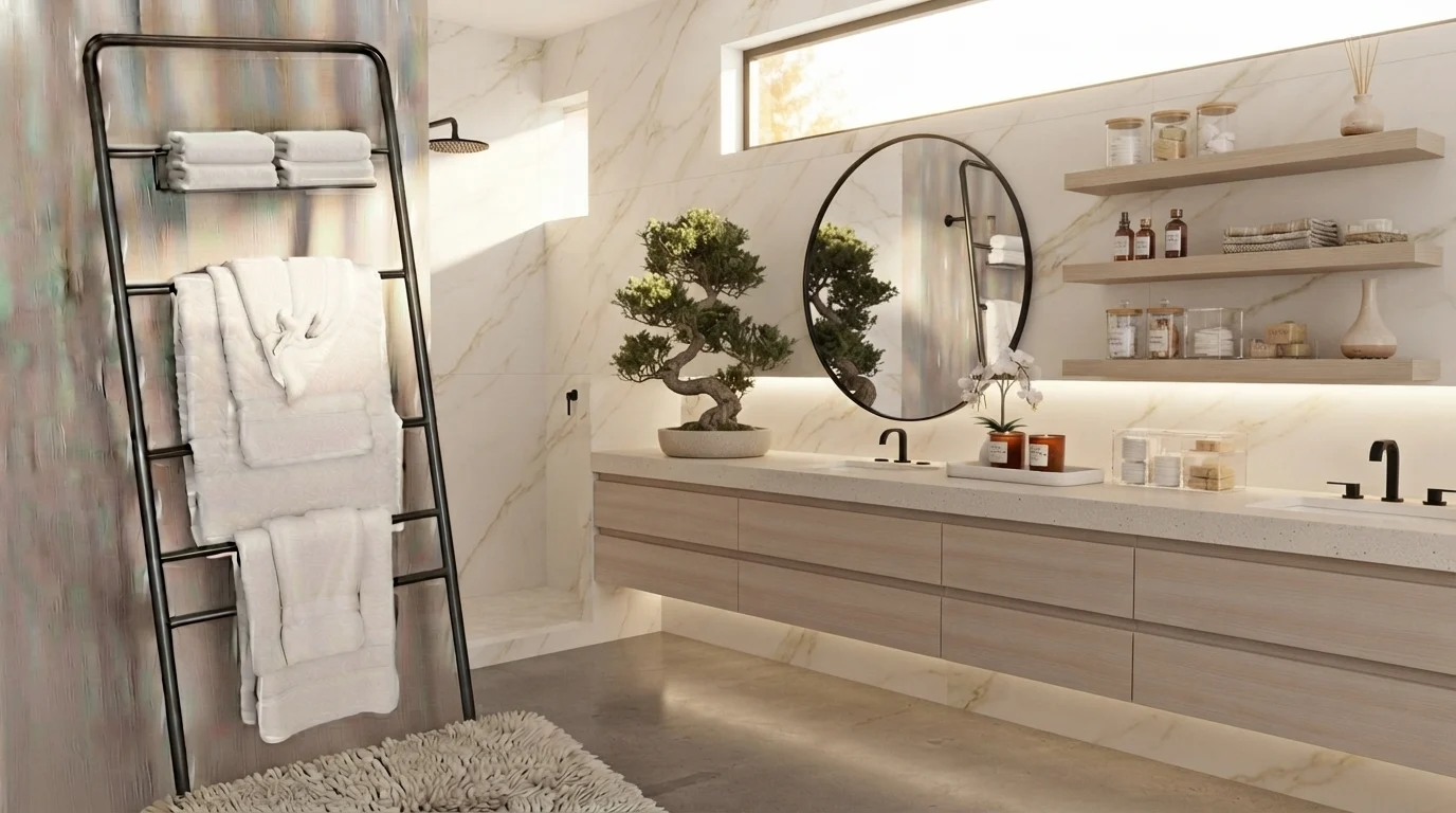 Modern bathroom organizer ideas with smart storage solutions including floating shelves, storage baskets, vanity drawers, towels, and minimalist decor for 2026 homes