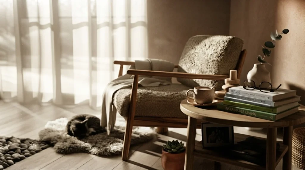 Cozy living room with armchair and warm decor