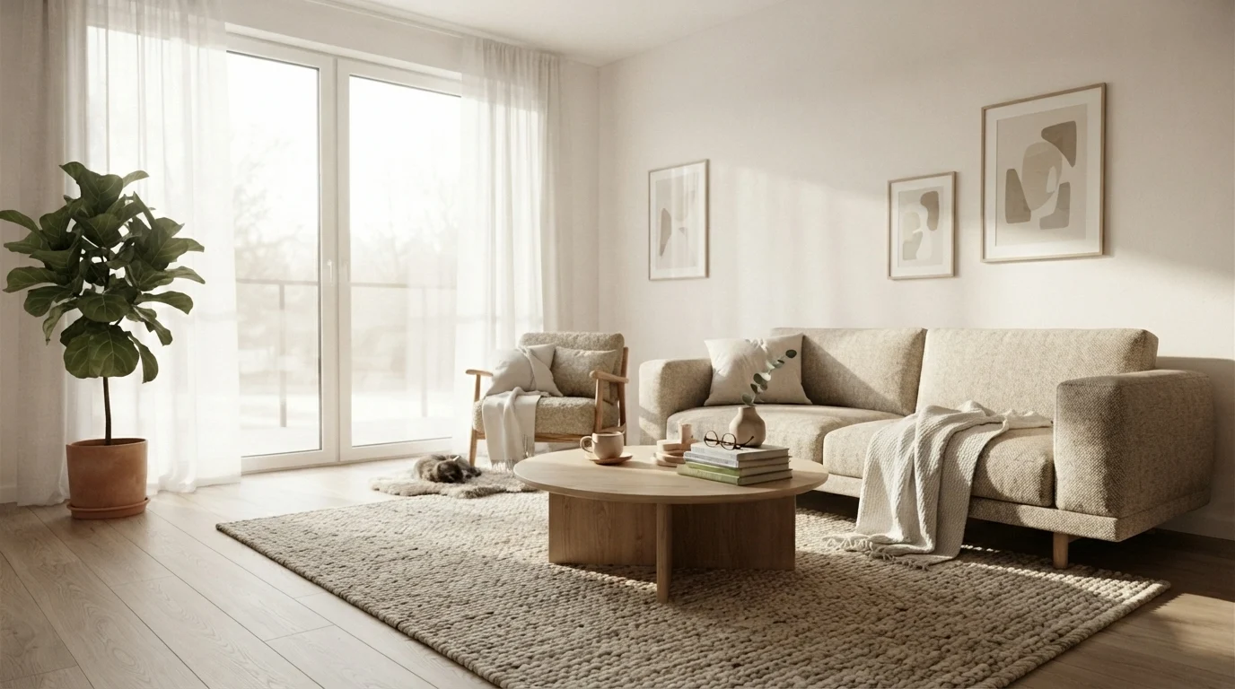 Scandinavian living room ideas with modern Nordic decor, beige sofa, wooden furniture, cozy minimalist interior design 2026